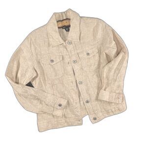 Jones New York JNY 100% Linen Trucker Jacket Beige Tan Women's sz Med Minimalist